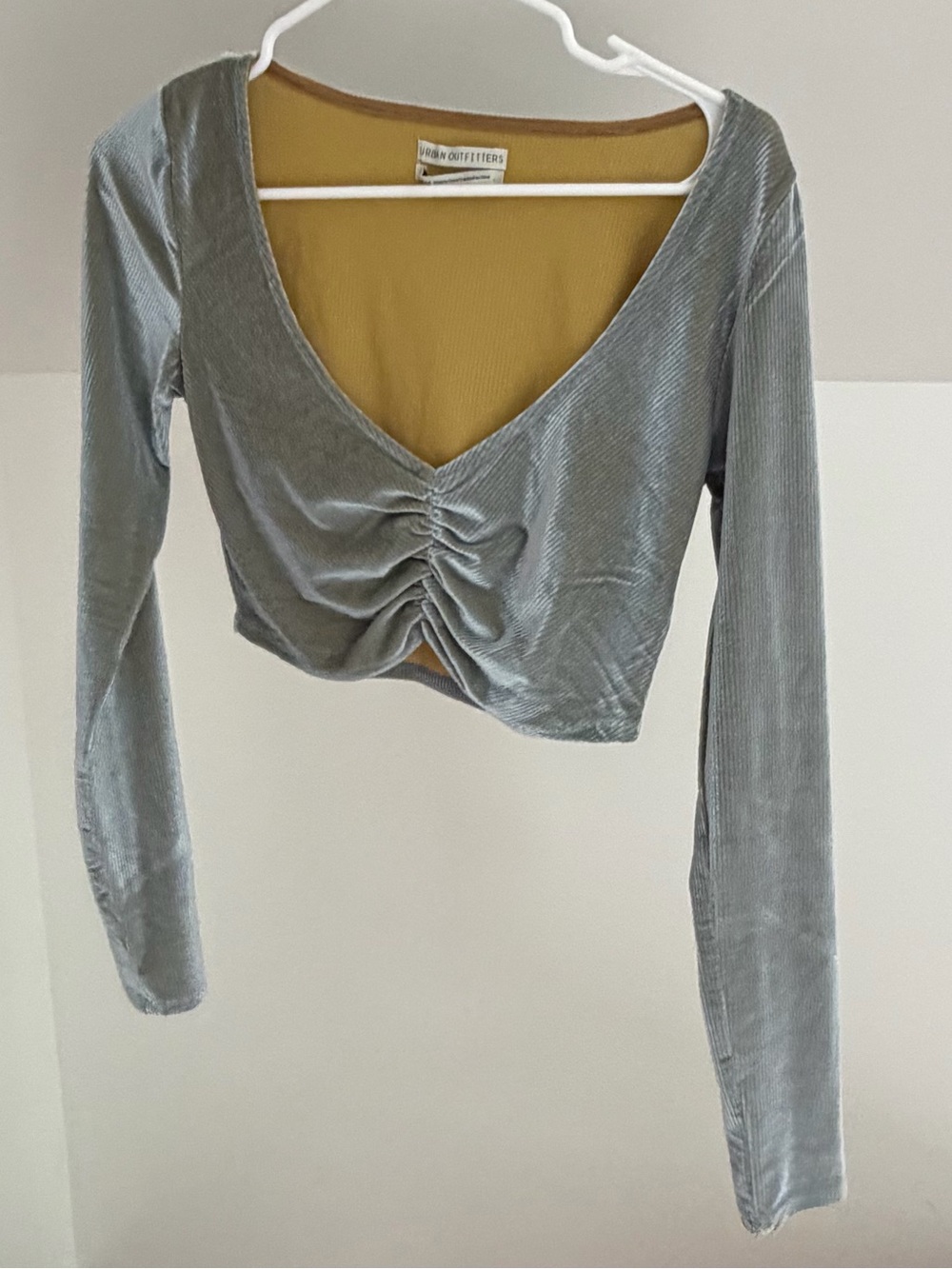 Urban Outfitters Grey Velvet Ruched Long-Sleeve Crop Top size m